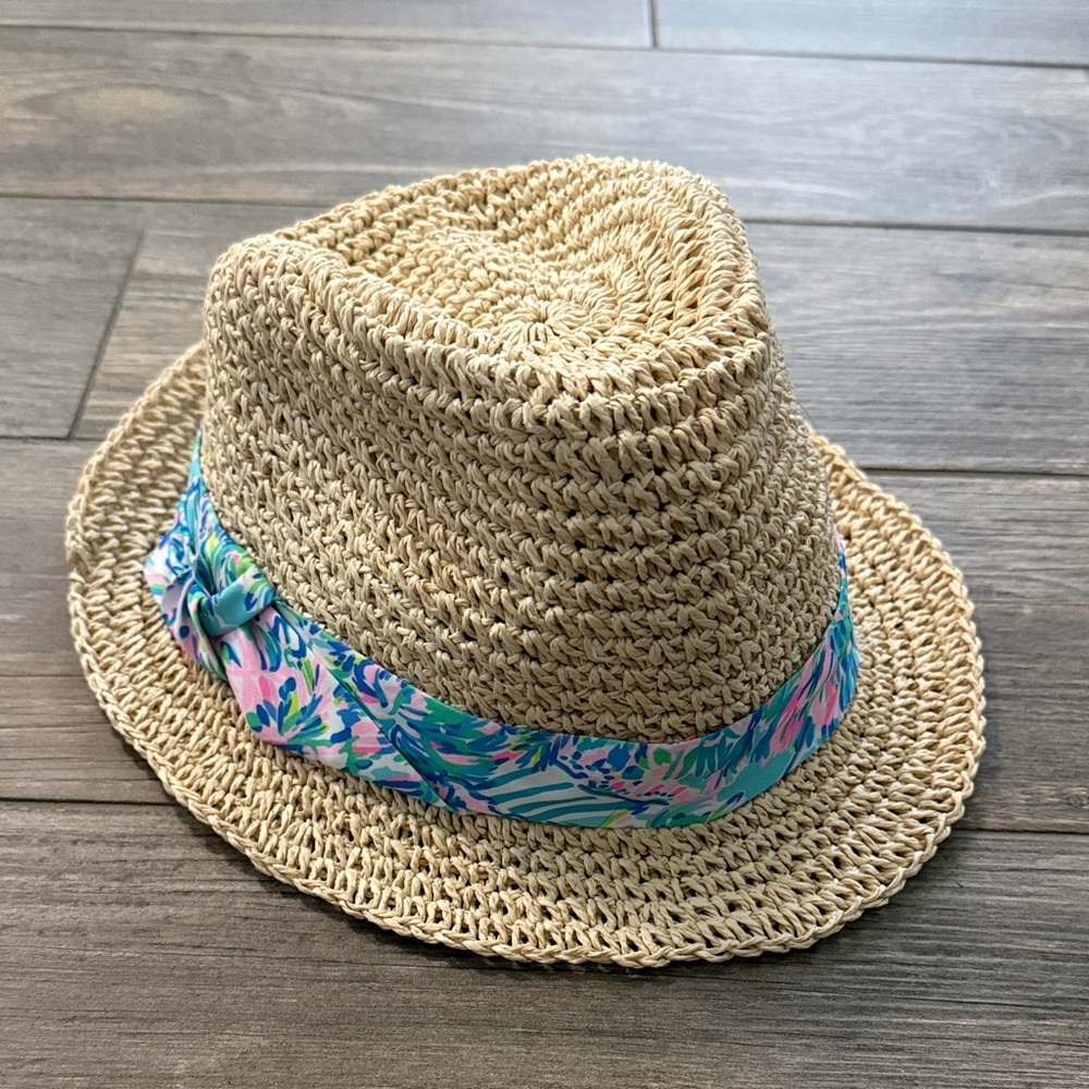 Lilly Pulitzer Fedora Straw Sun Hat with Blue Floral Band